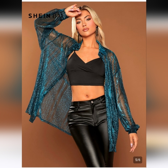 NWT SHEIN Bae Drop Shoulder Glitter See Through Mesh Button Front Shirt - Picture 14 of 14